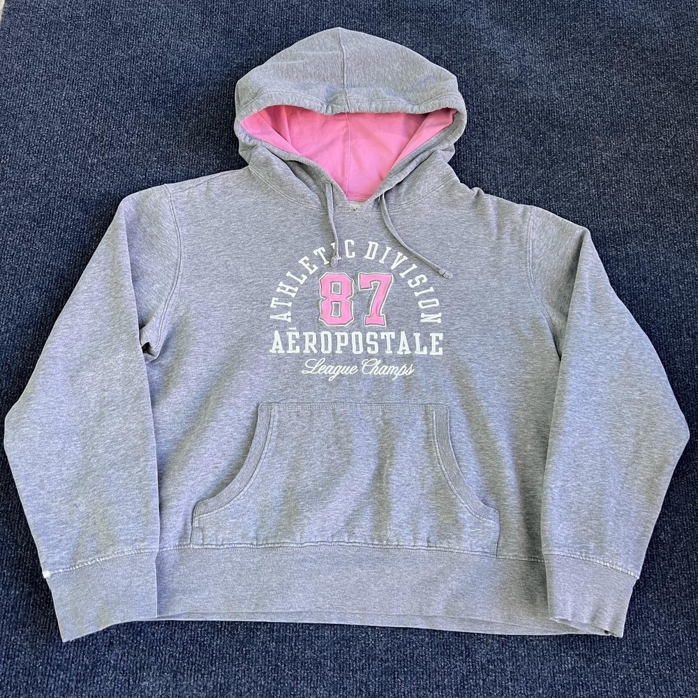 Y2K Aeropostale Hoodie Womens Large Gray Pink 87 Athletic Fleece Pullover Logo